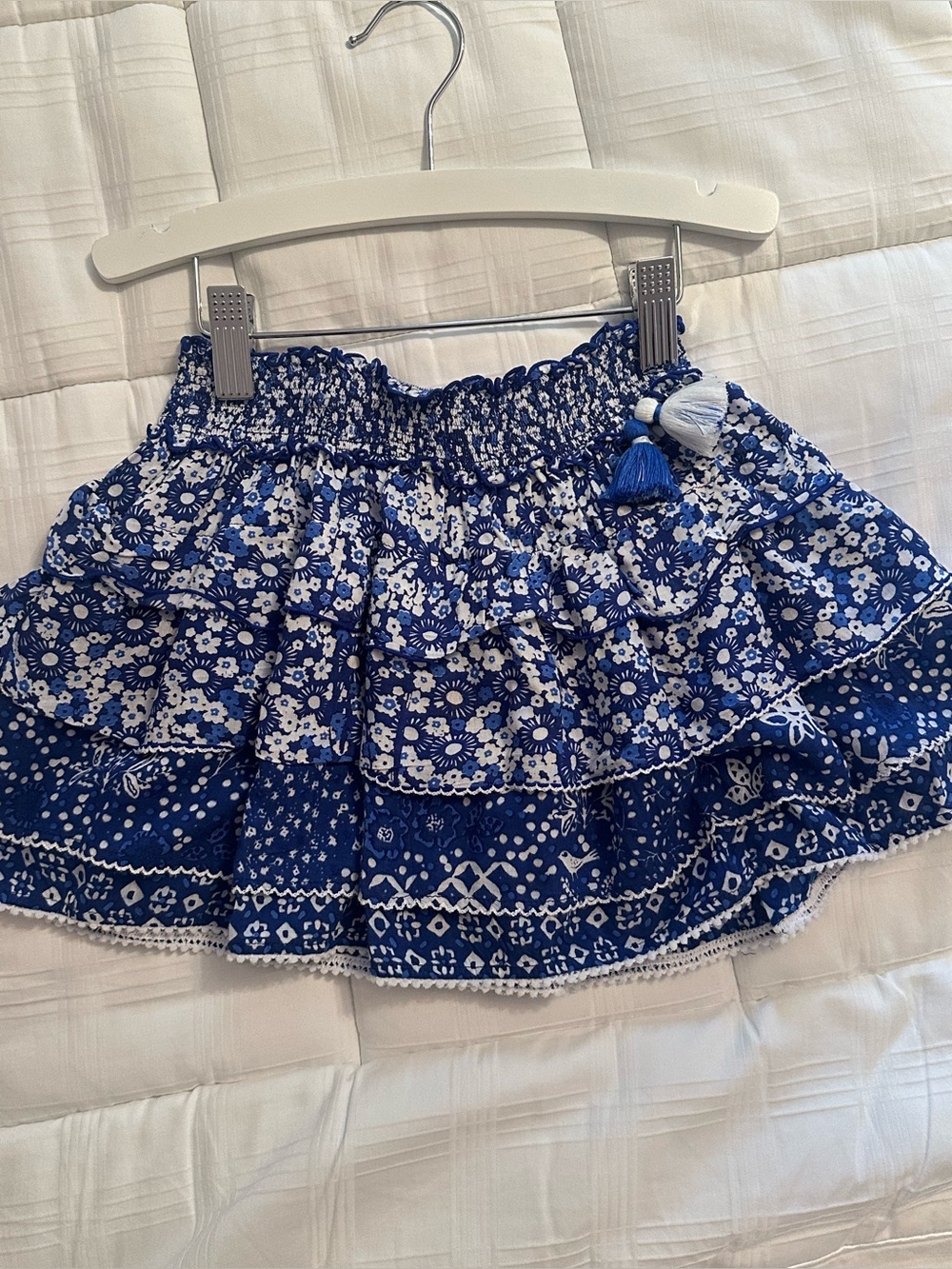 Poupette St Barth Blue Floral Tiered Skirt with Tassel Detail